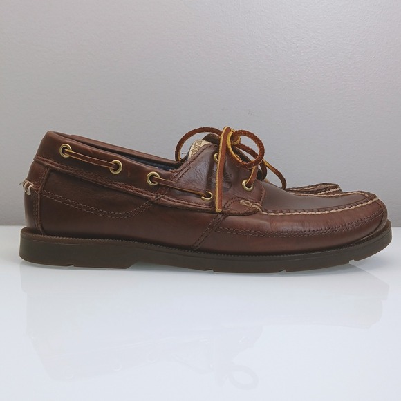 Timberland Leather Boat Shoe Men 8 Brown Leather Moc Toe 360 Laces Nautical Prep - Picture 1 of 12